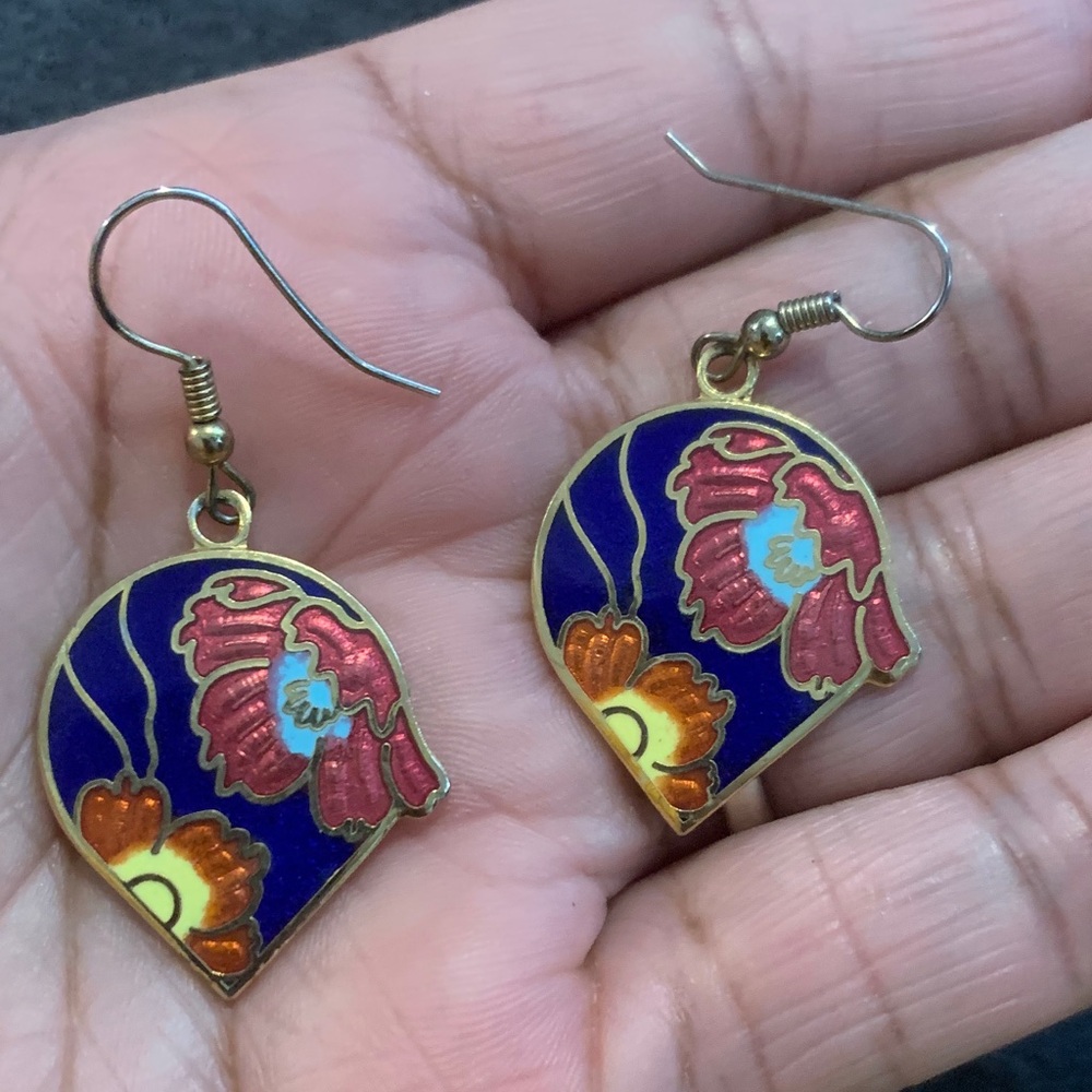 Vintage Cloisonné Vibrant Floral Enamel Earrings